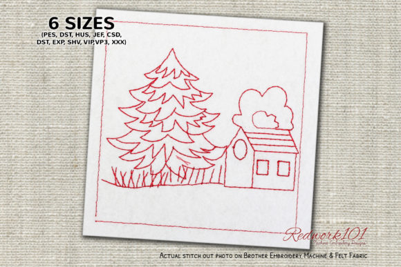 Christmas Tree with House Redwork Design