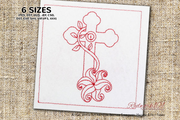 Cross with Floral Pattern Redwork