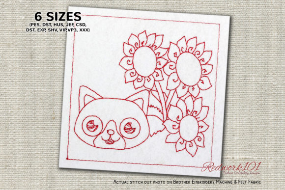 Cute Kitten with Sun Flowers Redwork