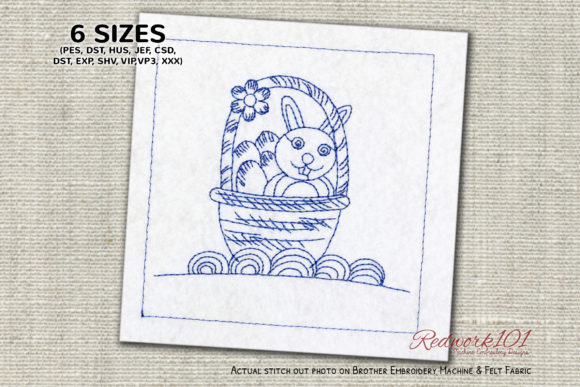 Easter Bunny in Basket with Eggs Redwork