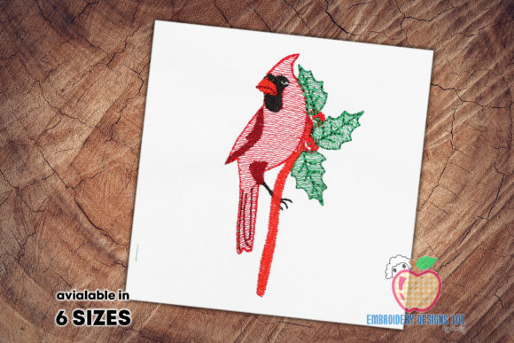 Red Cardinal Bird on Holly Leaf Sketch