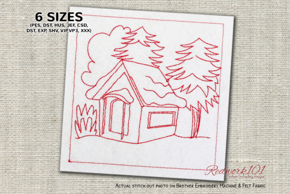 Wooden Christmas House with Tree Redwork